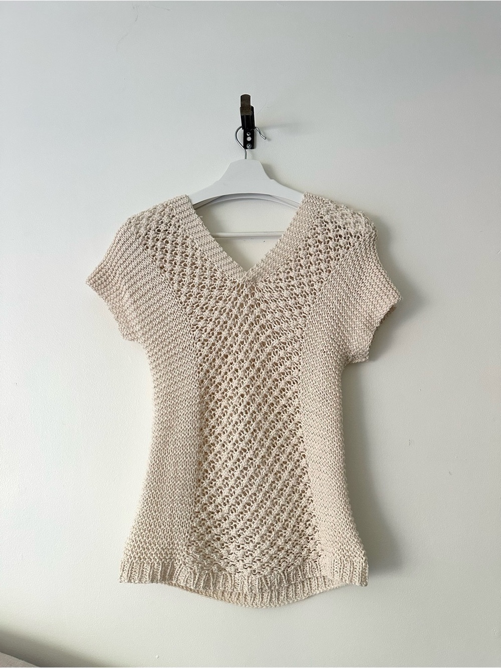Vintage Cream Open-Weave V-Neck Short Sleeve Sweater